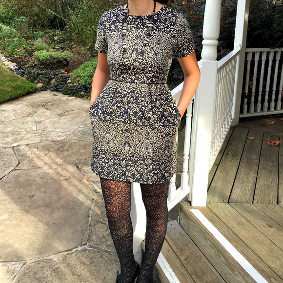 NWT H&M Blue Black White Jacquard Dress - Picture 6 of 7